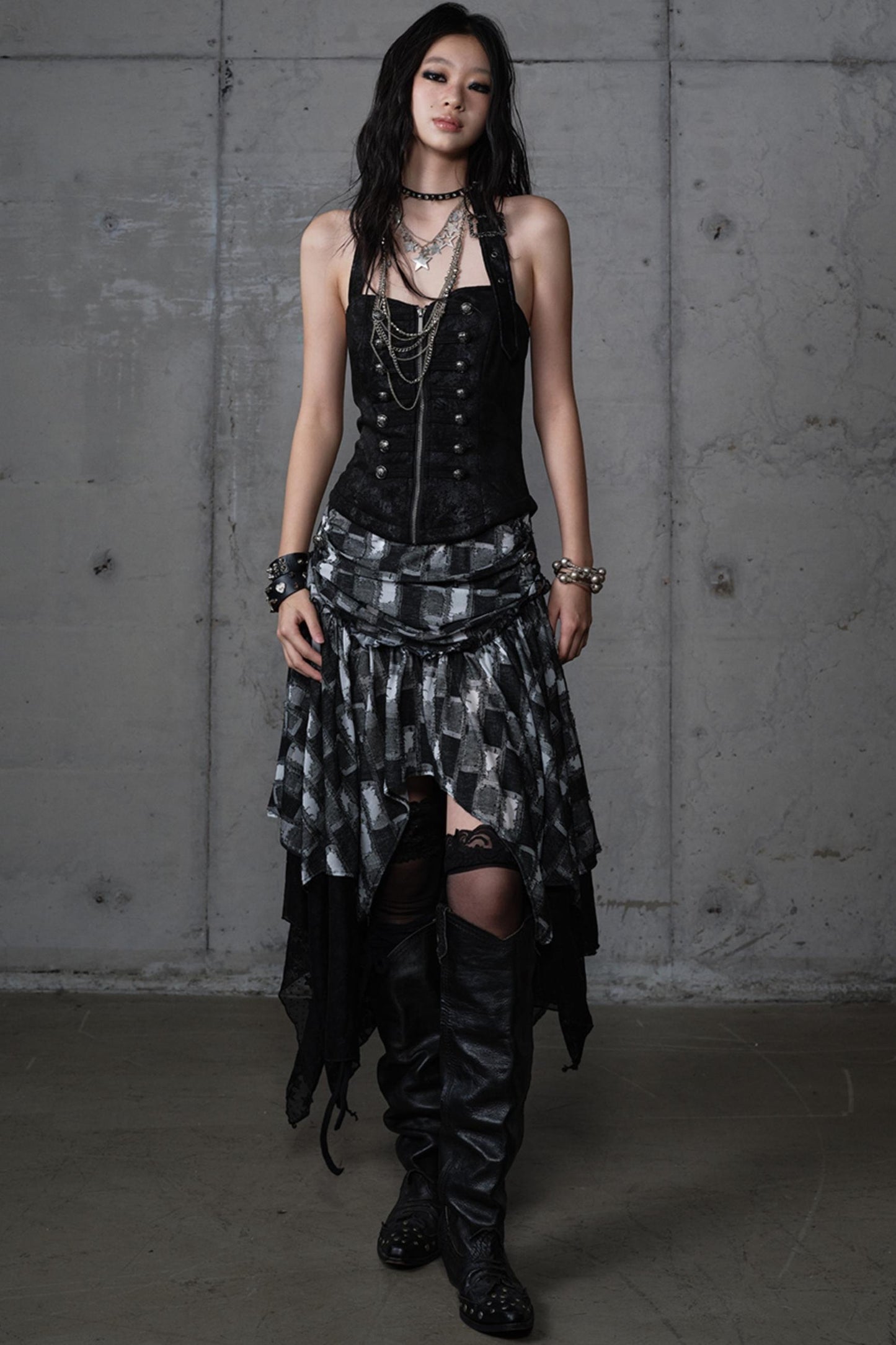 Velvet Irregular Check Bandeau Dress