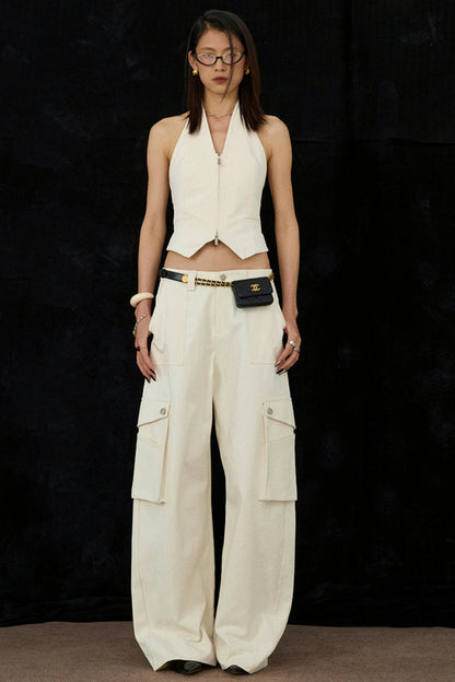 Ivory Double Zipper Waist Vest