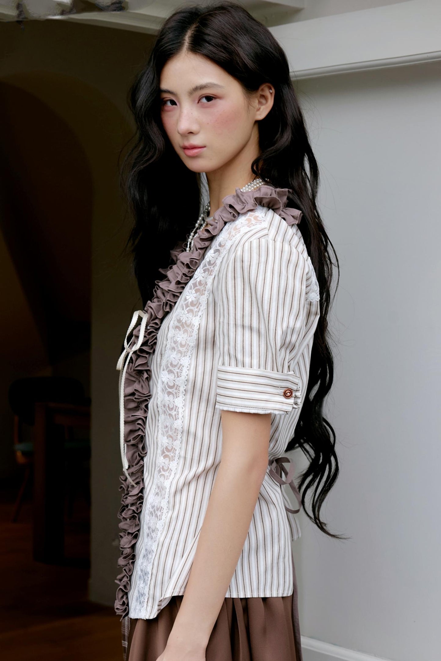 Brown Lace Trim Blouse