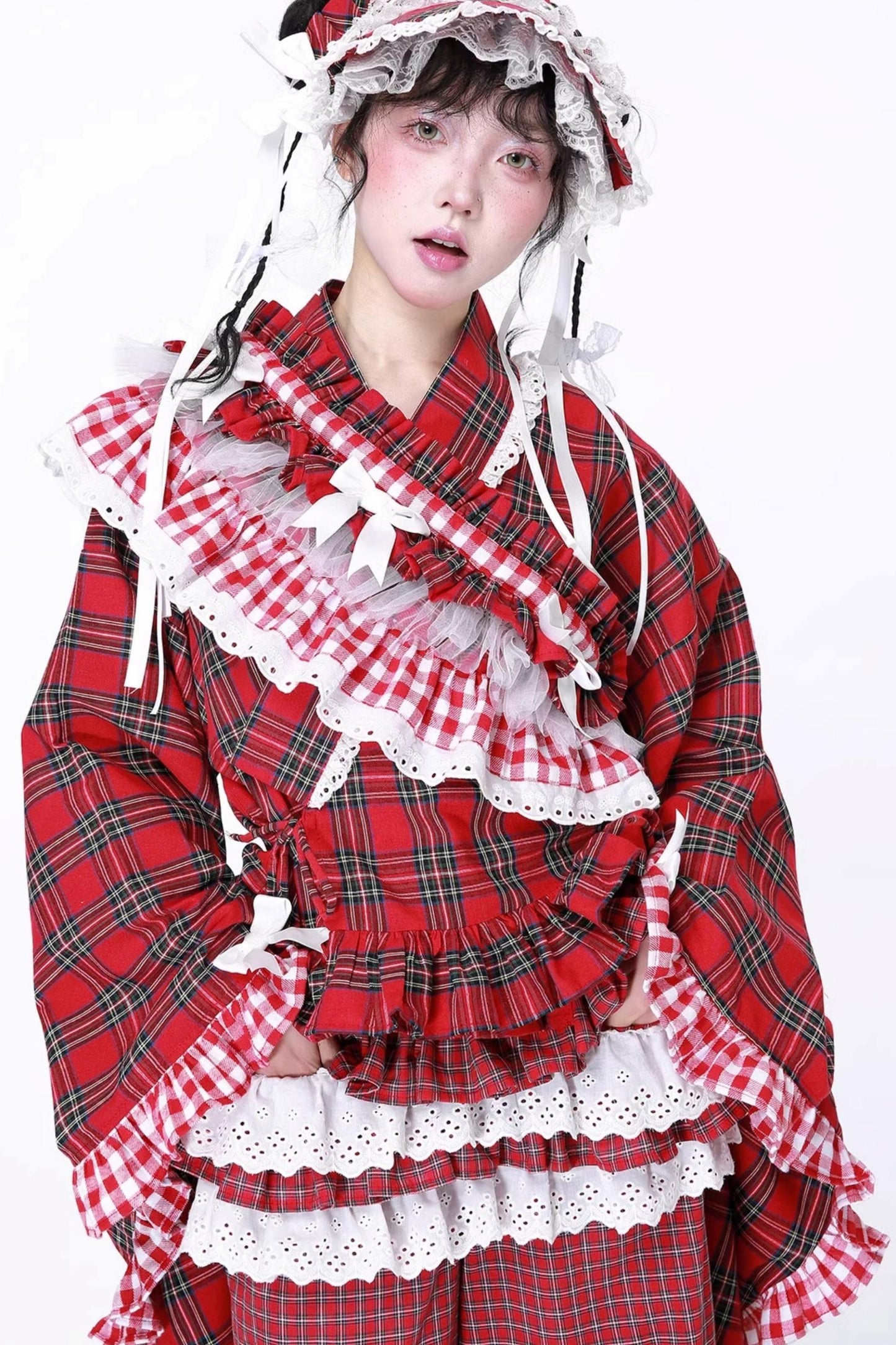 Red Plaid Kimono-Style Yukata Top