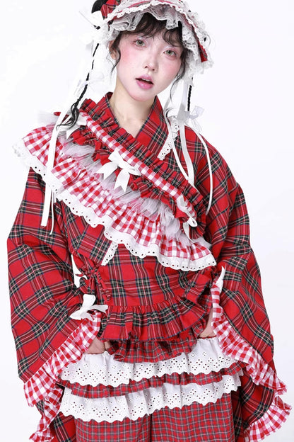 Red Plaid Kimono-Style Yukata Top