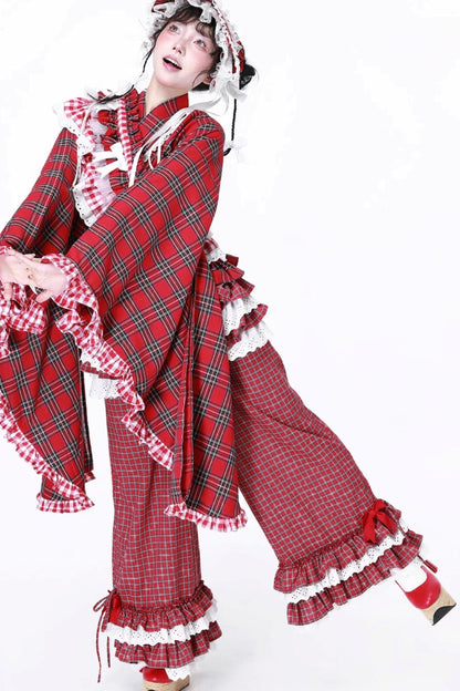 Red Plaid Kimono-Style Yukata Top