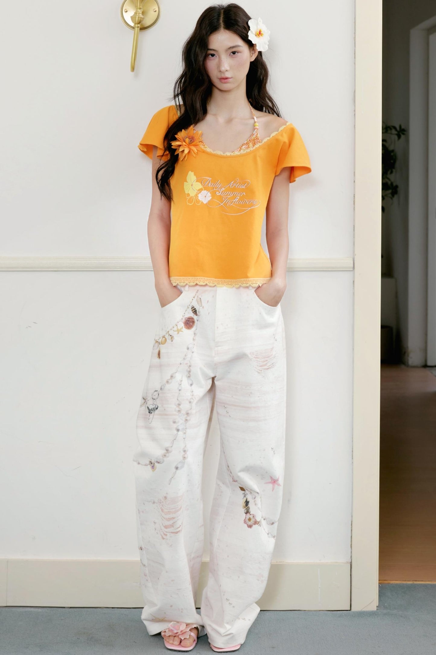 Orange Floral Ruffle Two-Piece Ensemble Set-Up