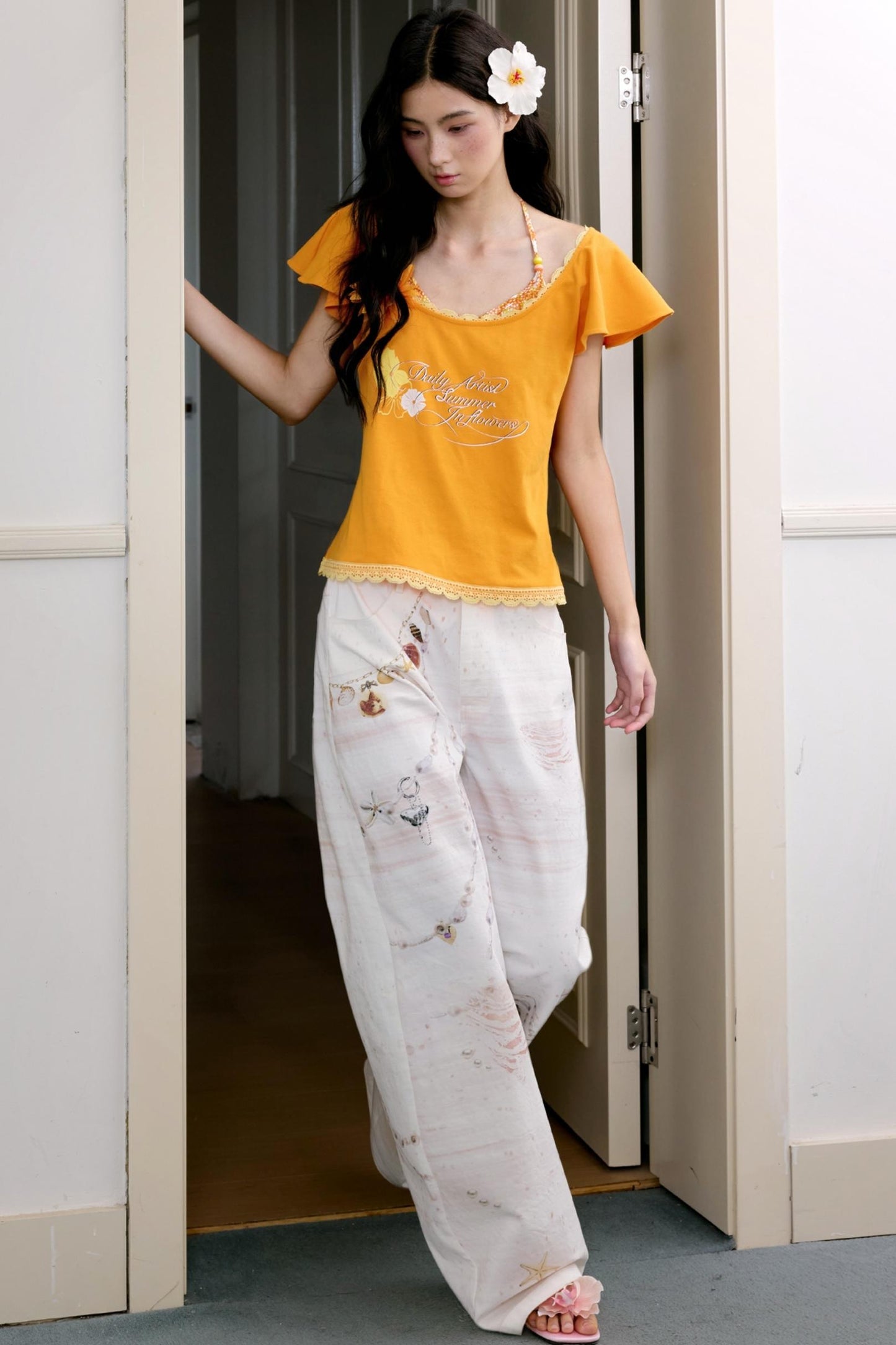 Orange Floral Ruffle Two-Piece Ensemble Set-Up