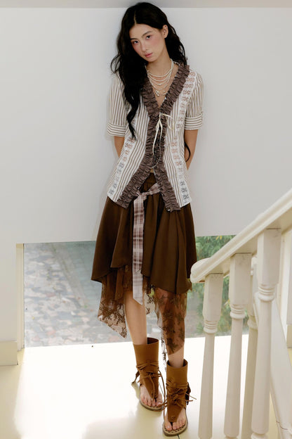 Brown Lace Asymmetrical Skirt