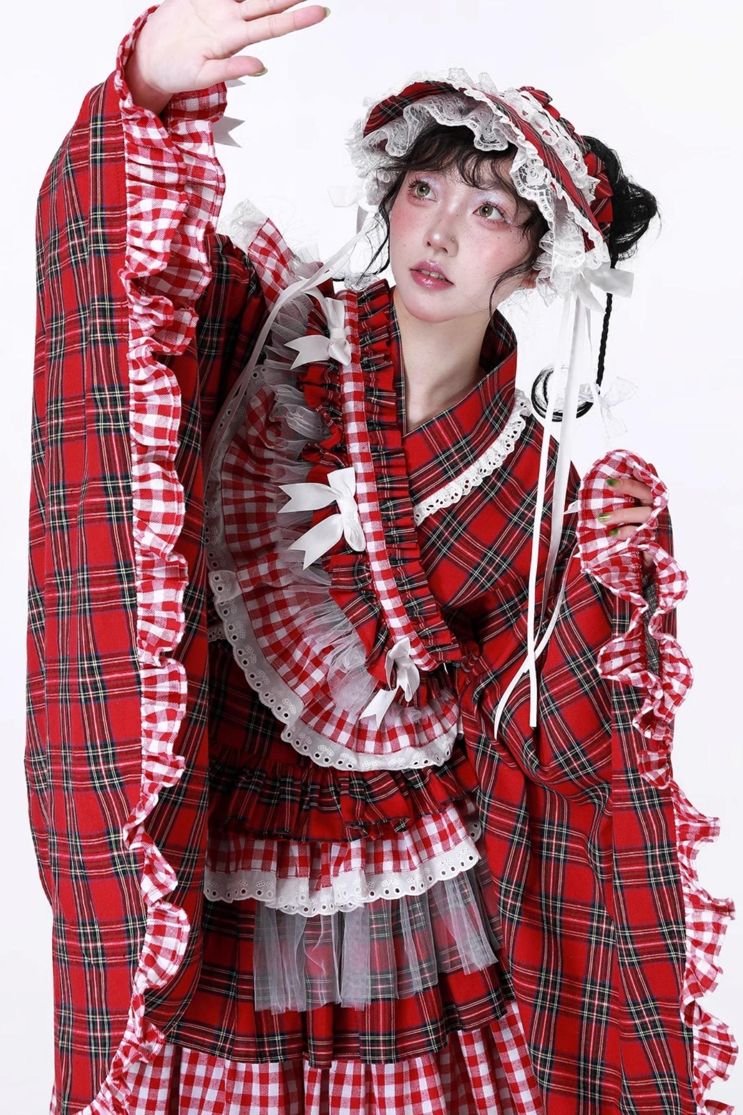 Red Plaid Kimono-Style Yukata Top