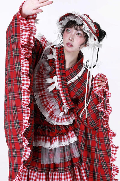 Red Plaid Kimono-Style Yukata Top