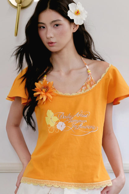 Orange Floral Ruffle Two-Piece Ensemble Set-Up