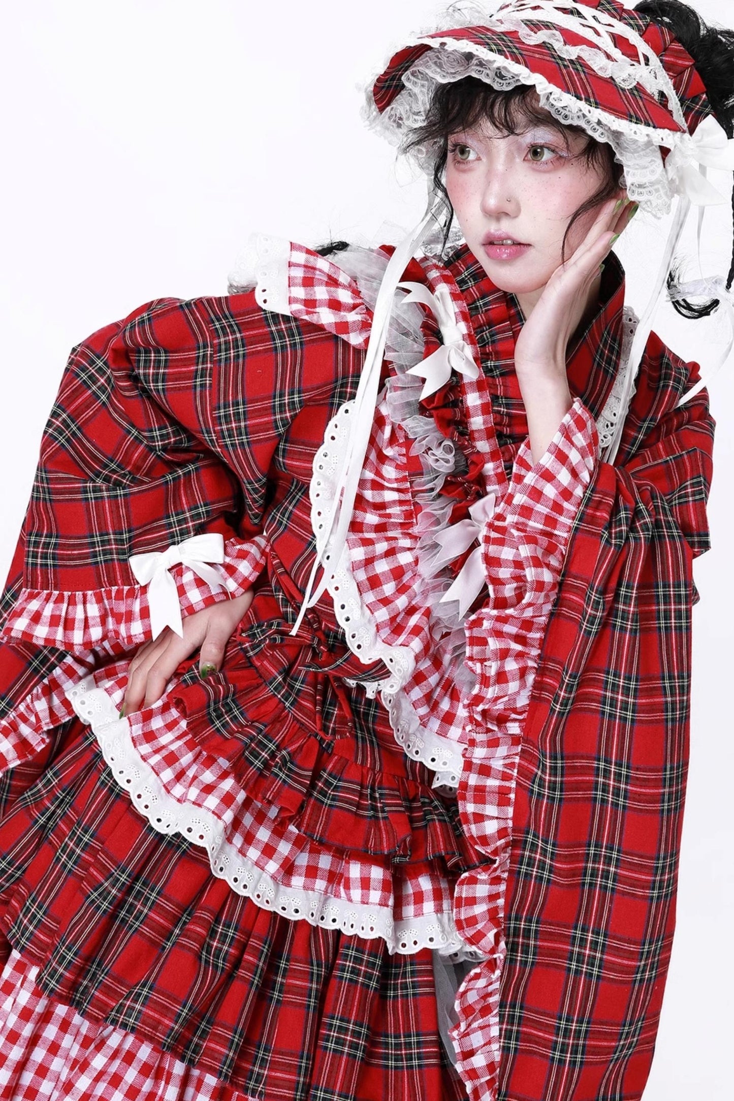 Red Plaid Kimono-Style Yukata Top