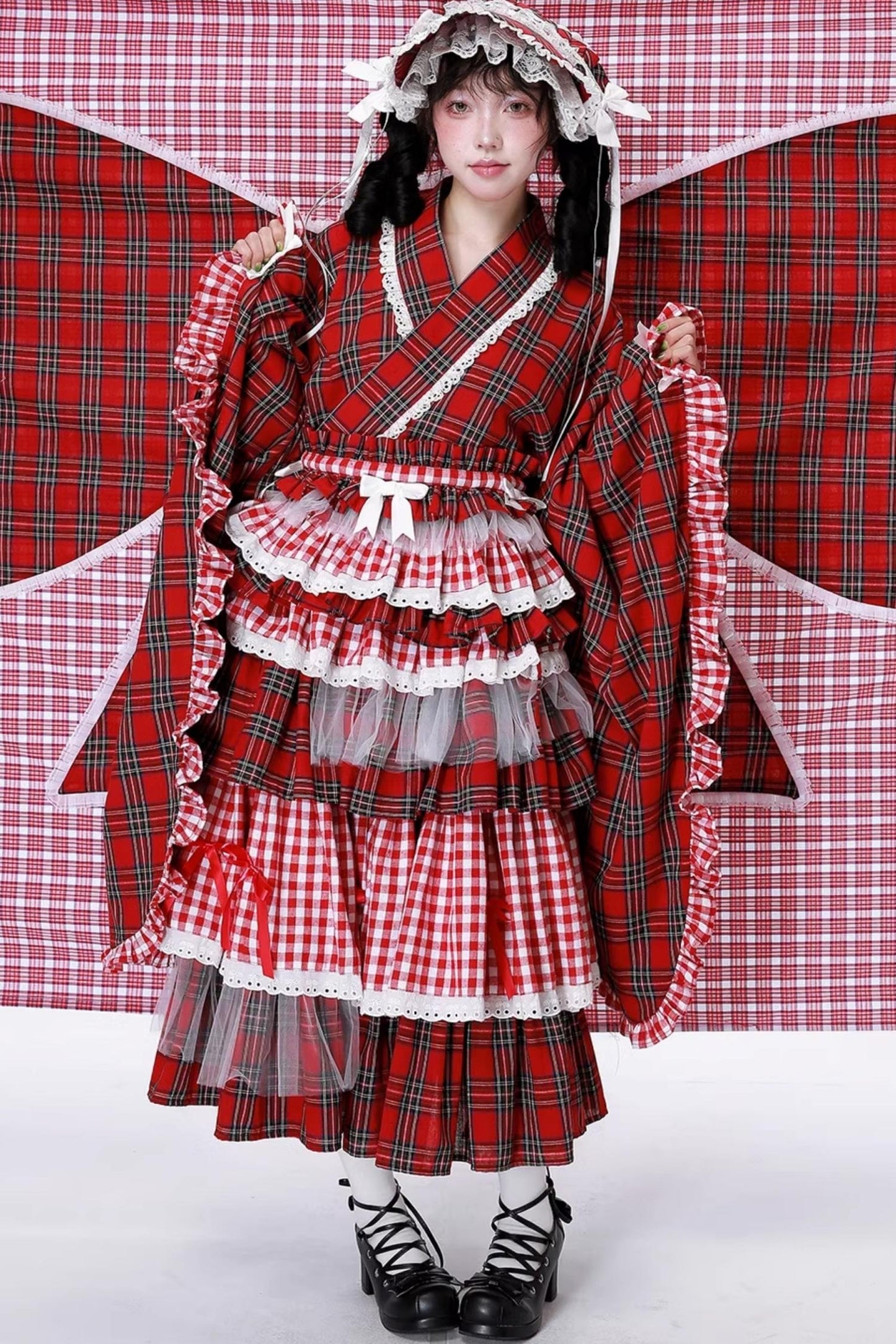 Red Plaid Kimono-Style Yukata Top