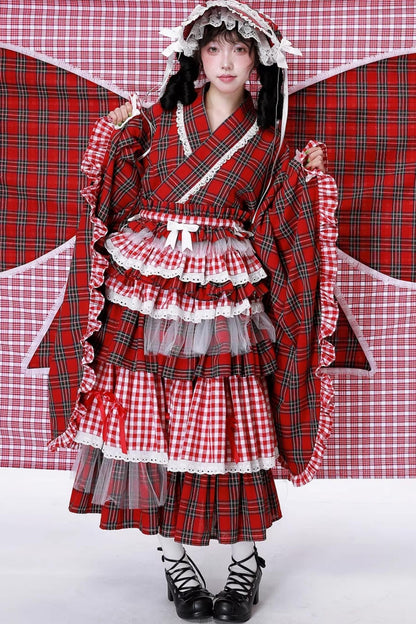 Red Plaid Kimono-Style Yukata Top