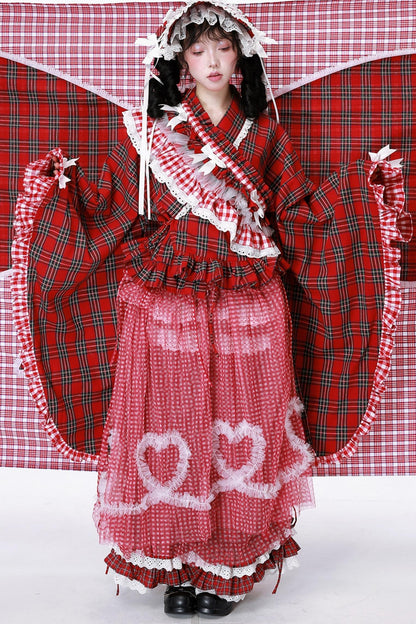 Red Plaid Kimono-Style Yukata Top