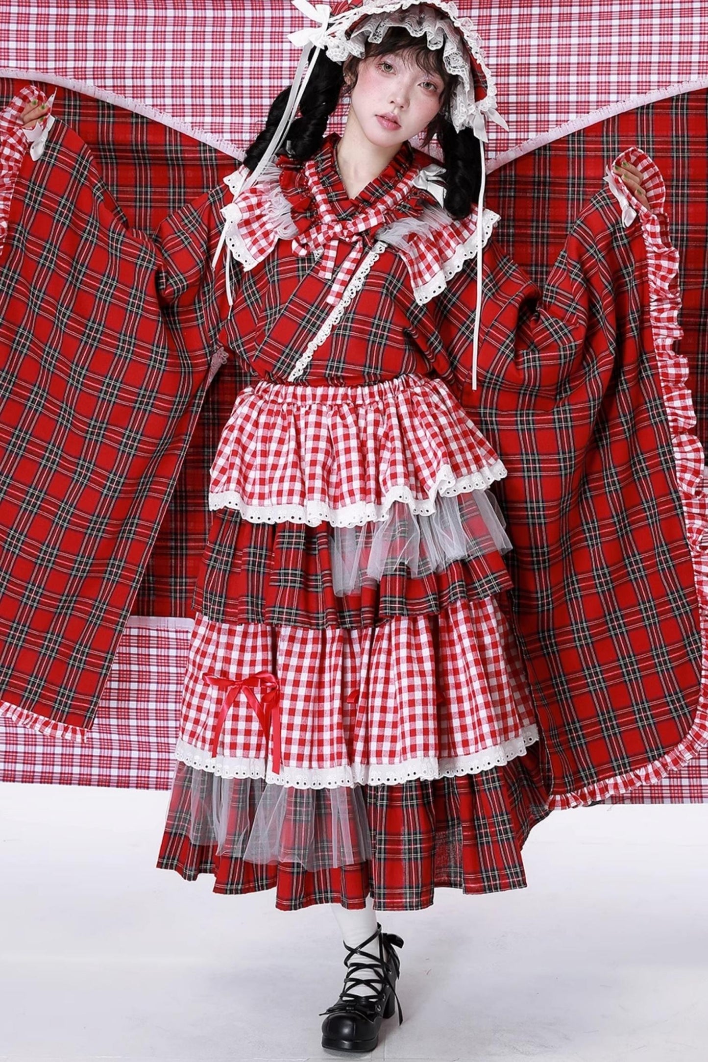 Red Plaid Kimono-Style Yukata Top