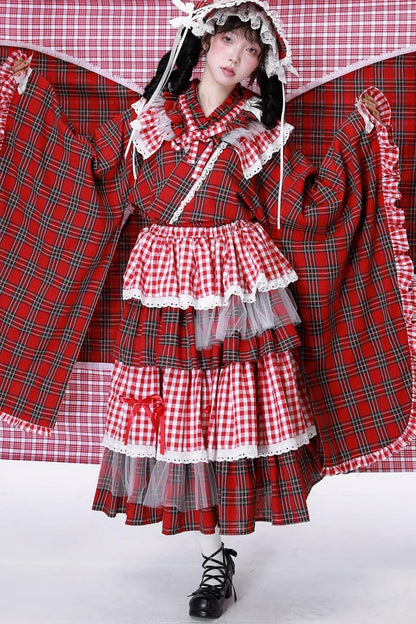 Red Plaid Kimono-Style Yukata Top