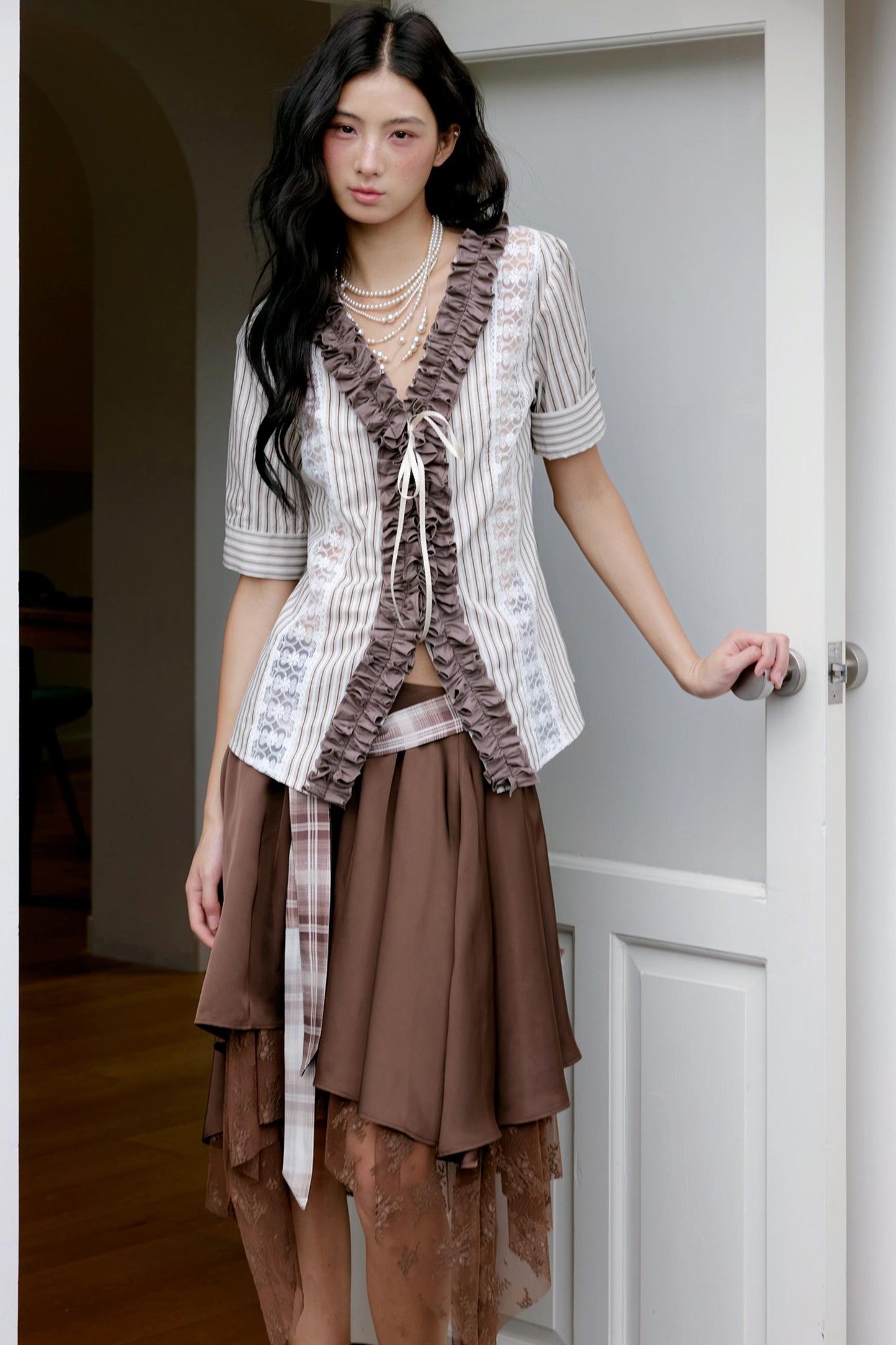 Brown Lace Asymmetrical Skirt