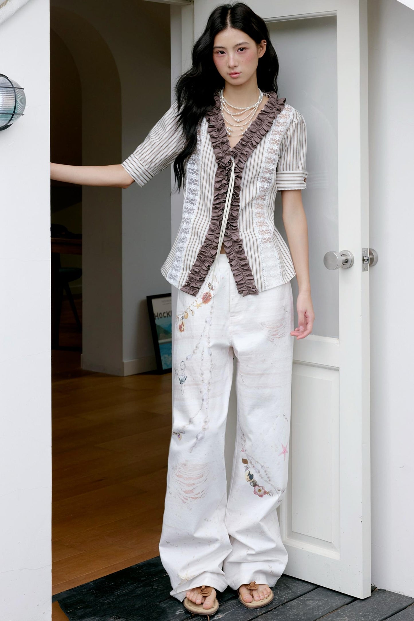 Brown Lace Trim Blouse