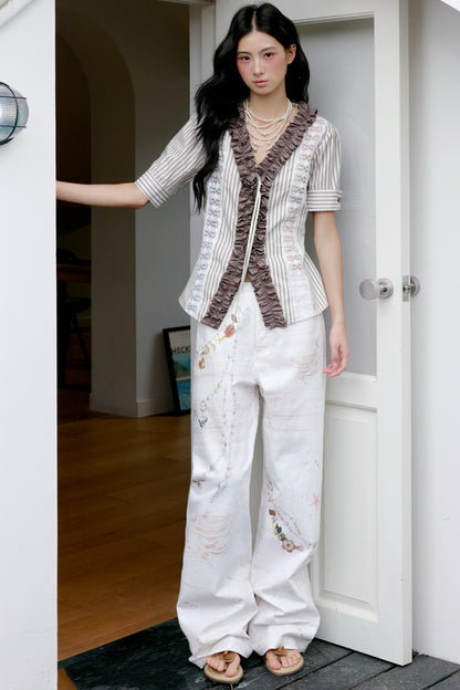 Brown Lace Trim Blouse