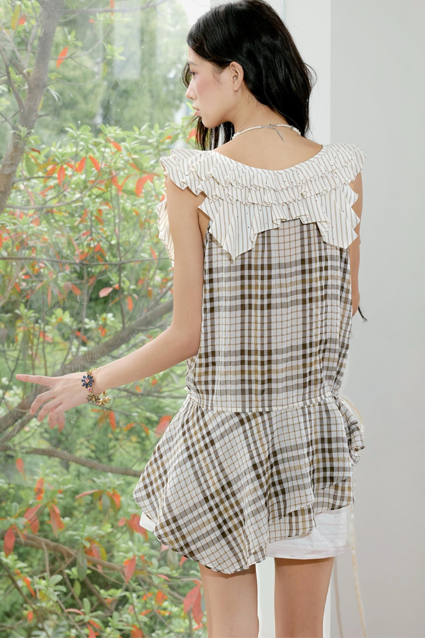 Coffee Check Striped Ruffled Collar Top