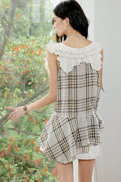 Coffee Check Striped Ruffled Collar Top