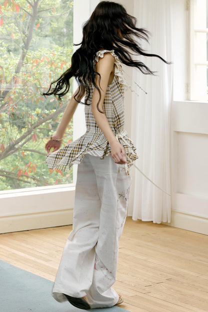 Coffee Check Striped Ruffled Collar Top