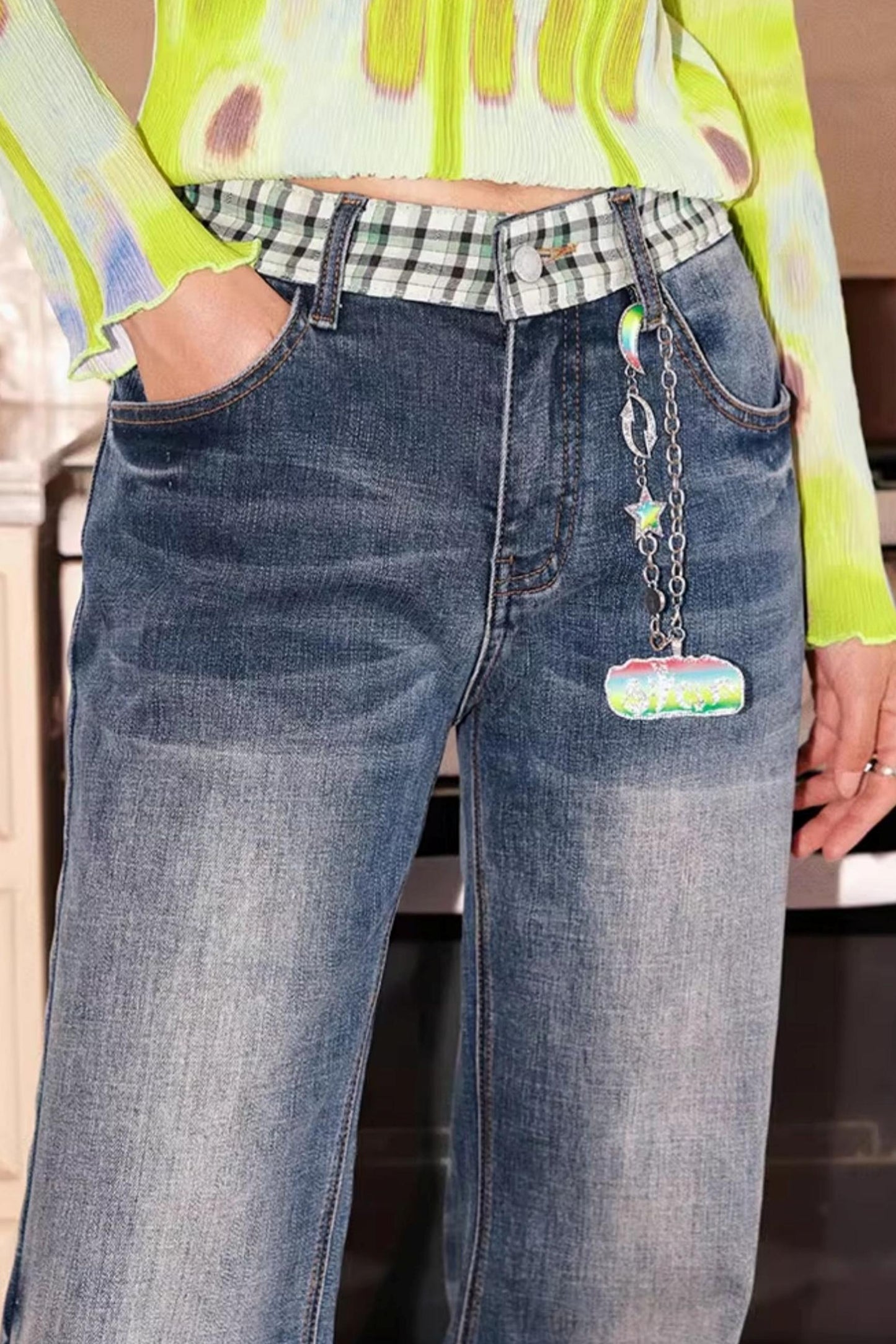 Plaid Denim Trousers