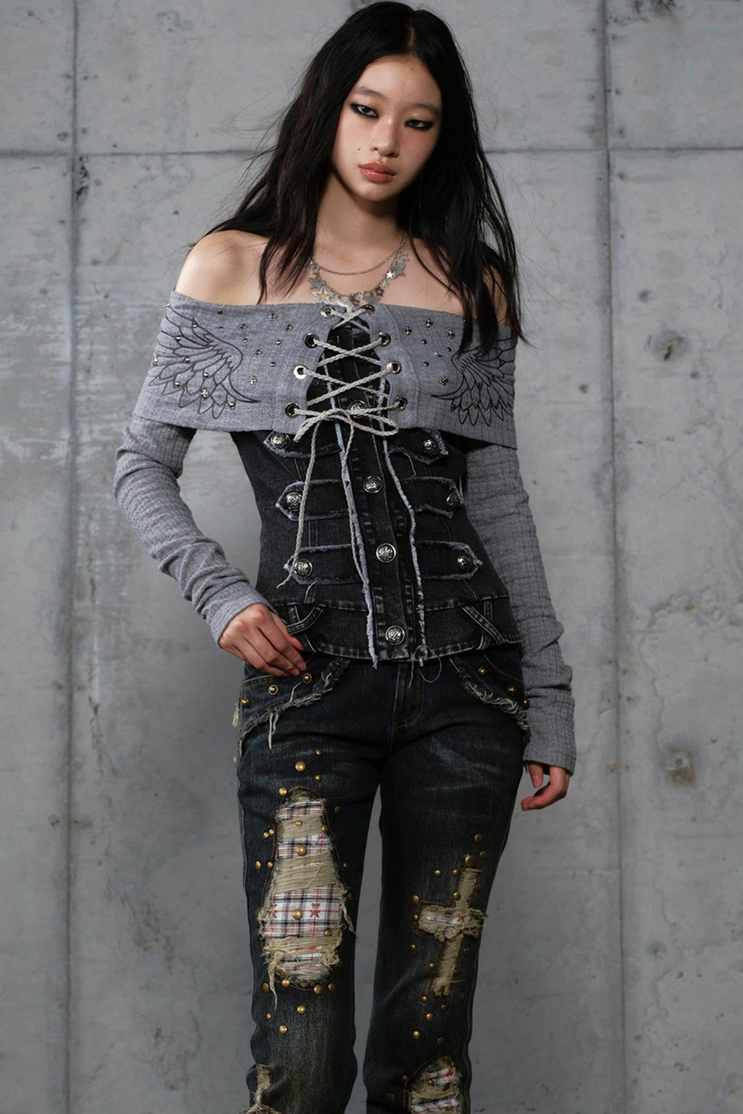 Vintage Denim Embroidered Long Sleeve Shirt