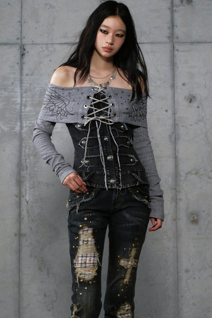 Vintage Denim Embroidered Long Sleeve Shirt