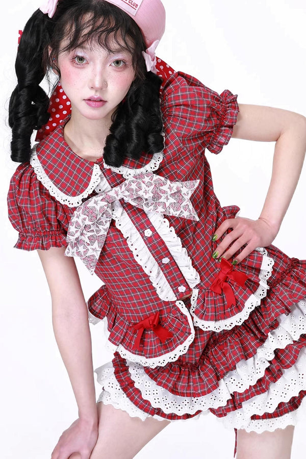 Red Gingham Showa Style Shirt