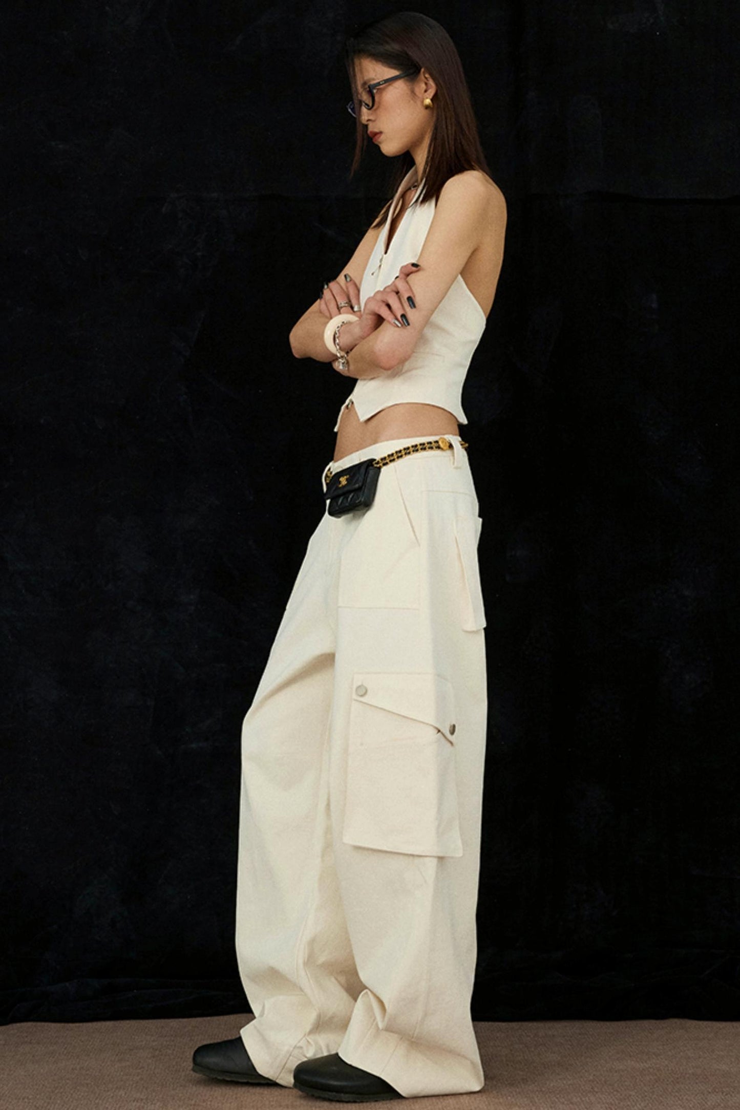 Ivory Double Zipper Waist Vest