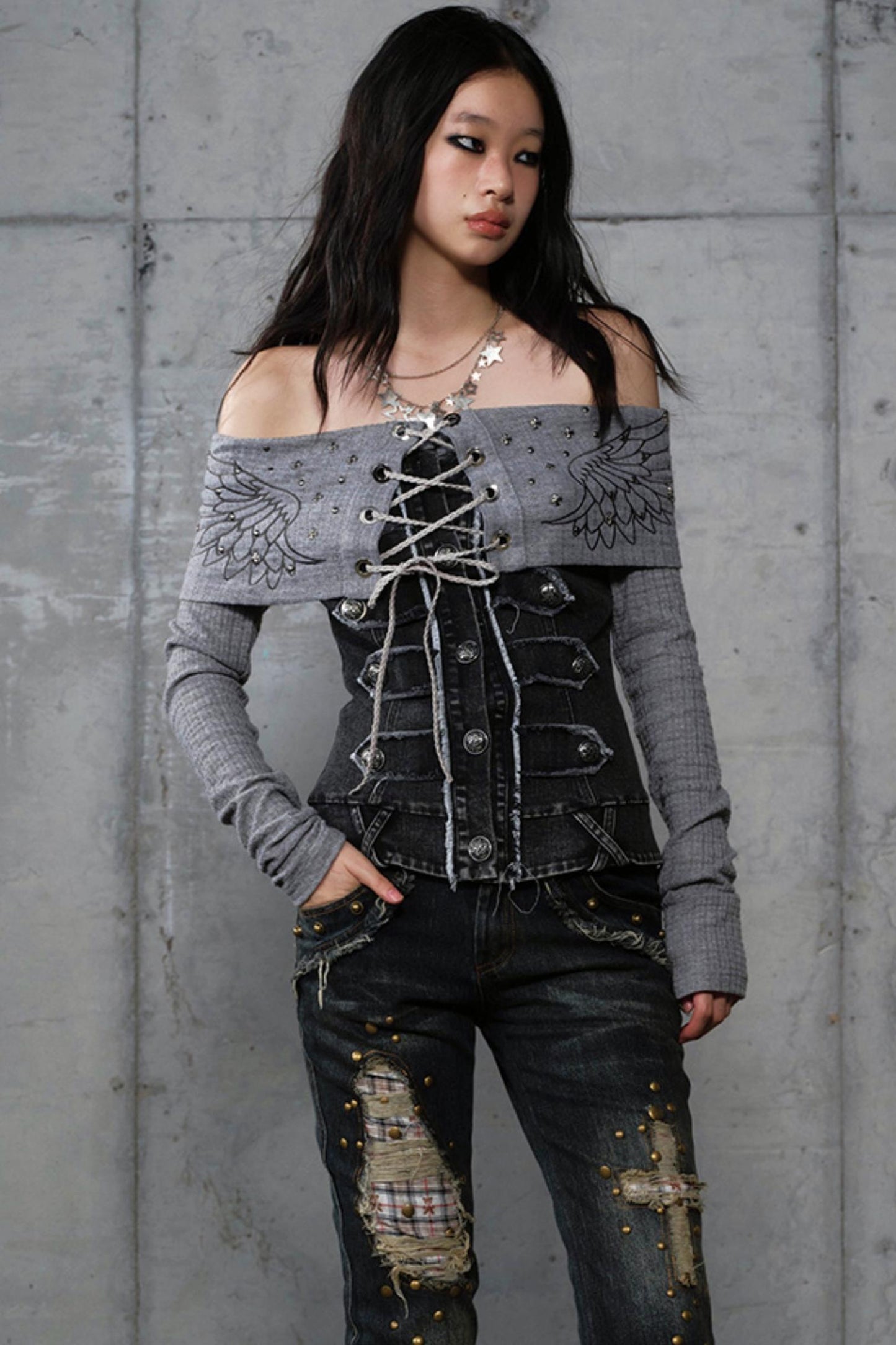 Vintage Denim Embroidered Long Sleeve Shirt