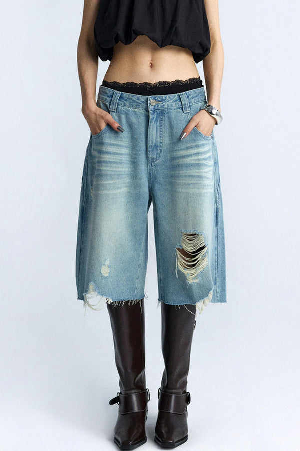 Wide-Leg Denim Culottes Shorts