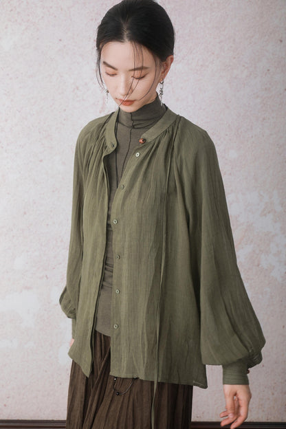 Autumn Green Stand Up Collar Chinese Shirt