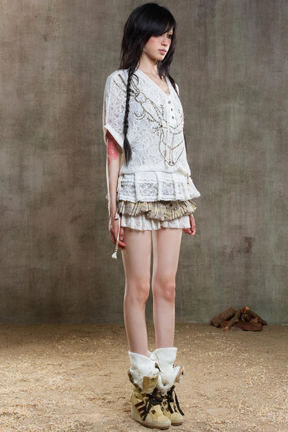 Earthy Orange Belt With Retro Lace Shirt Set-Up