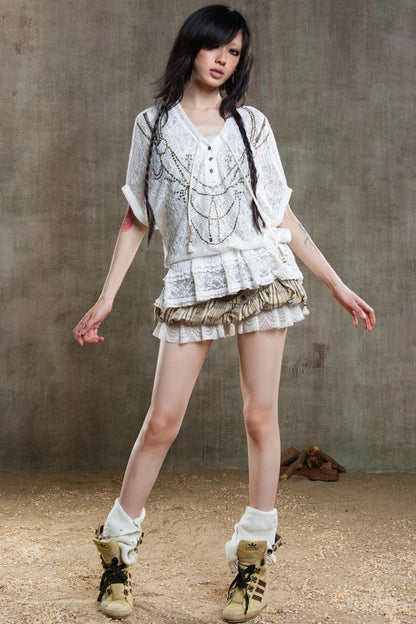 Earthy Orange Belt With Retro Lace Shirt Set-Up