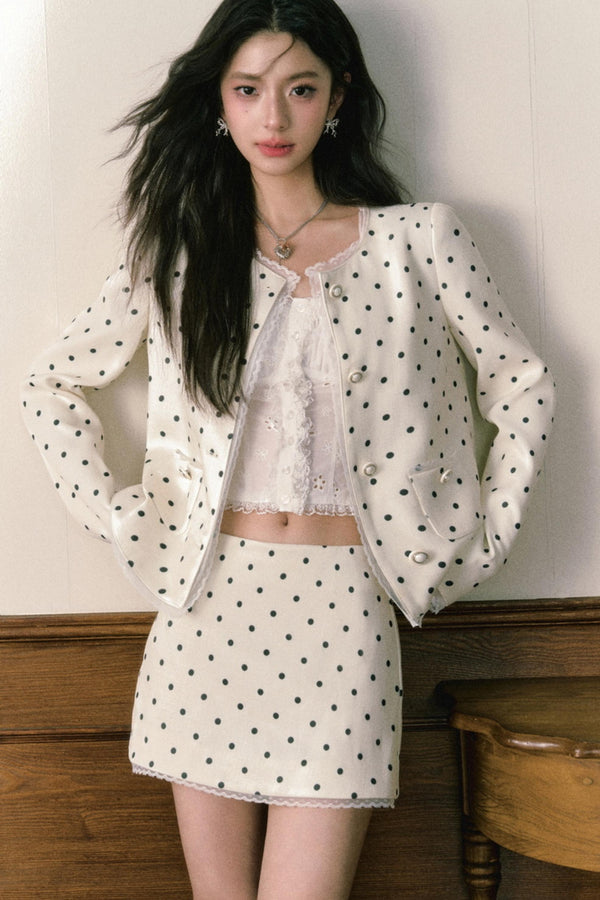 Beige Polka Dot Lace Ensemble Cardigan Set-Up