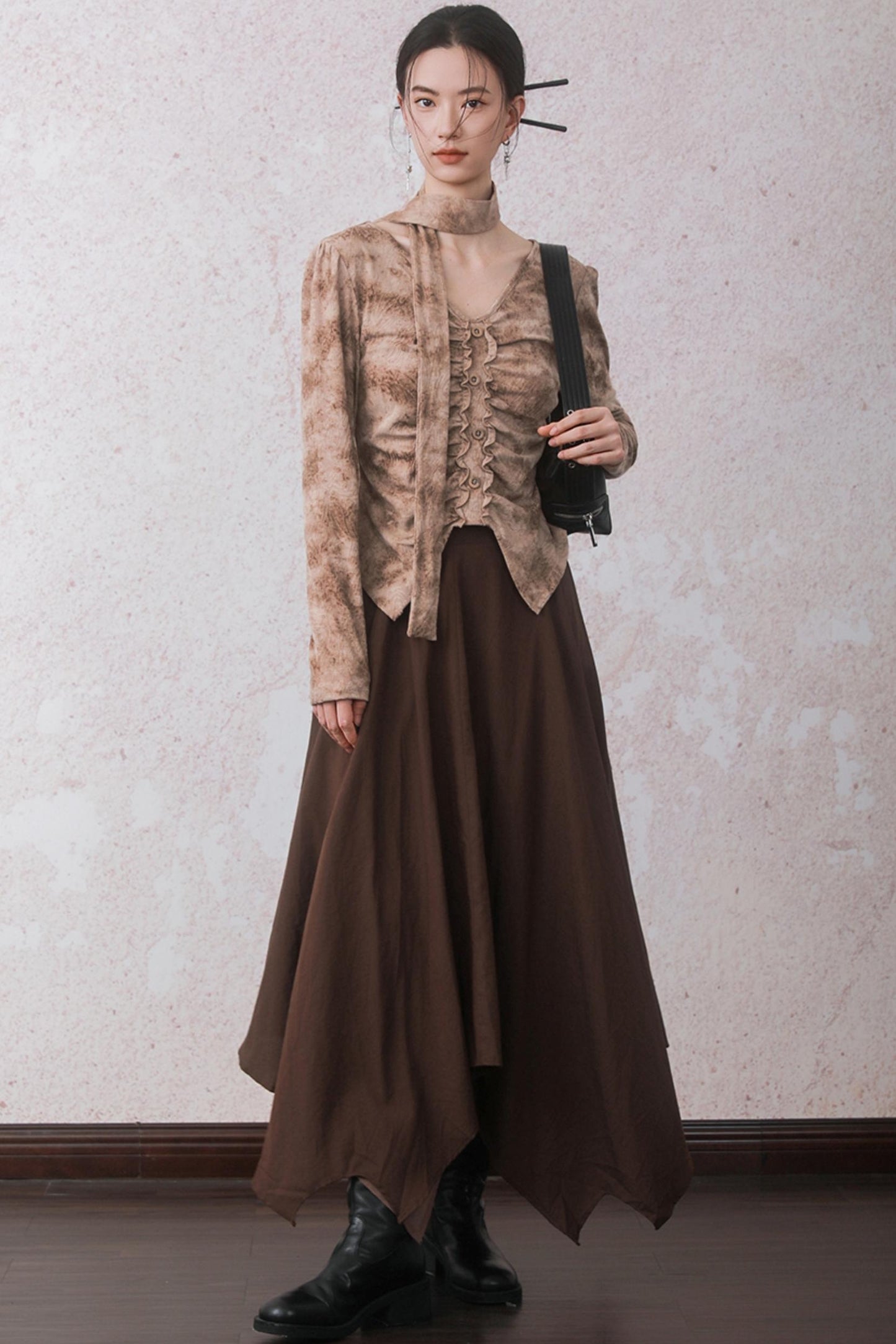 Autumn Double Hem Brown A-Line Skirt