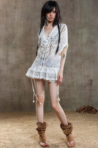 Earthy Orange Belt With Retro Lace Shirt Set-Up