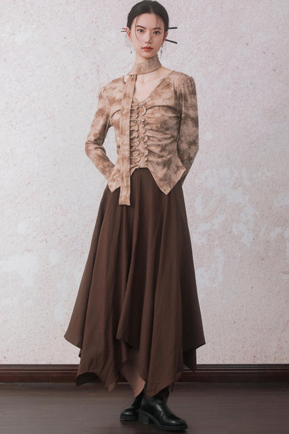 Autumn Double Hem Brown A-Line Skirt