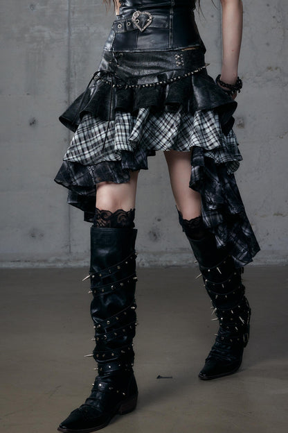Dark Retro Plaid Leather Skirt