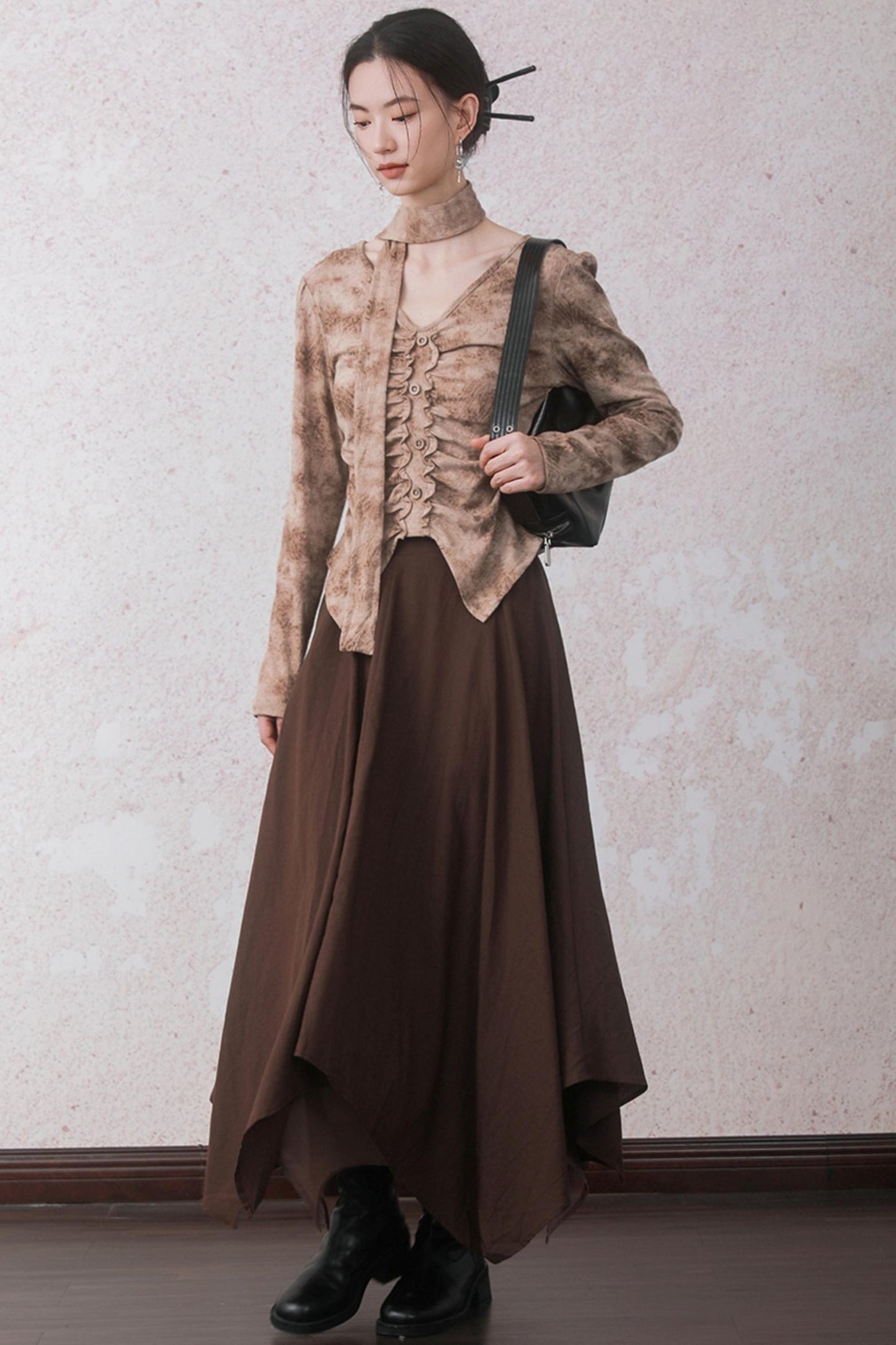 Autumn Double Hem Brown A-Line Skirt