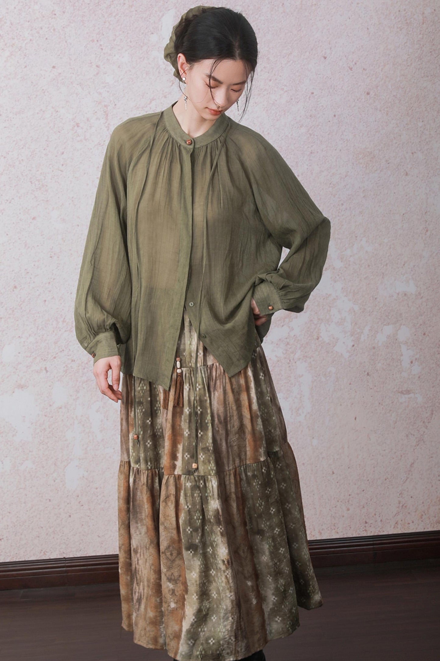Autumn Green Stand Up Collar Chinese Shirt