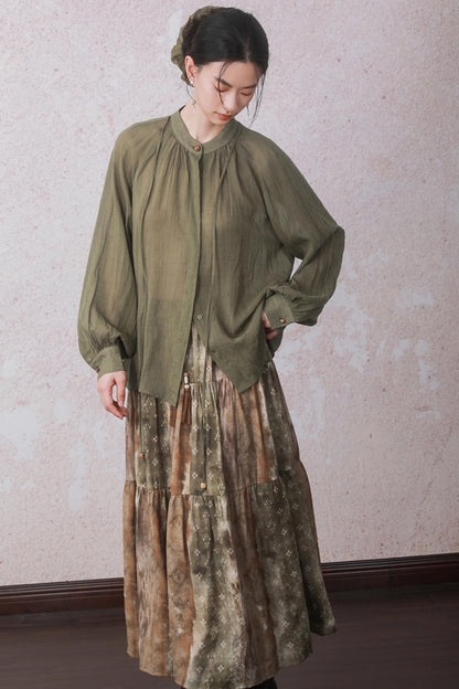 Autumn Green Stand Up Collar Chinese Shirt