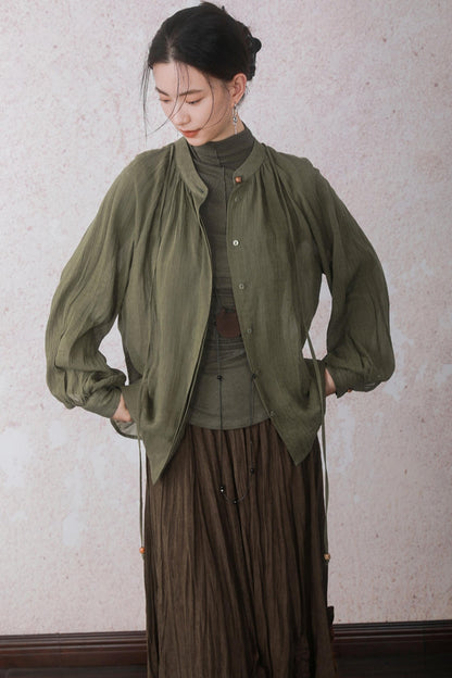 Autumn Green Stand Up Collar Chinese Shirt