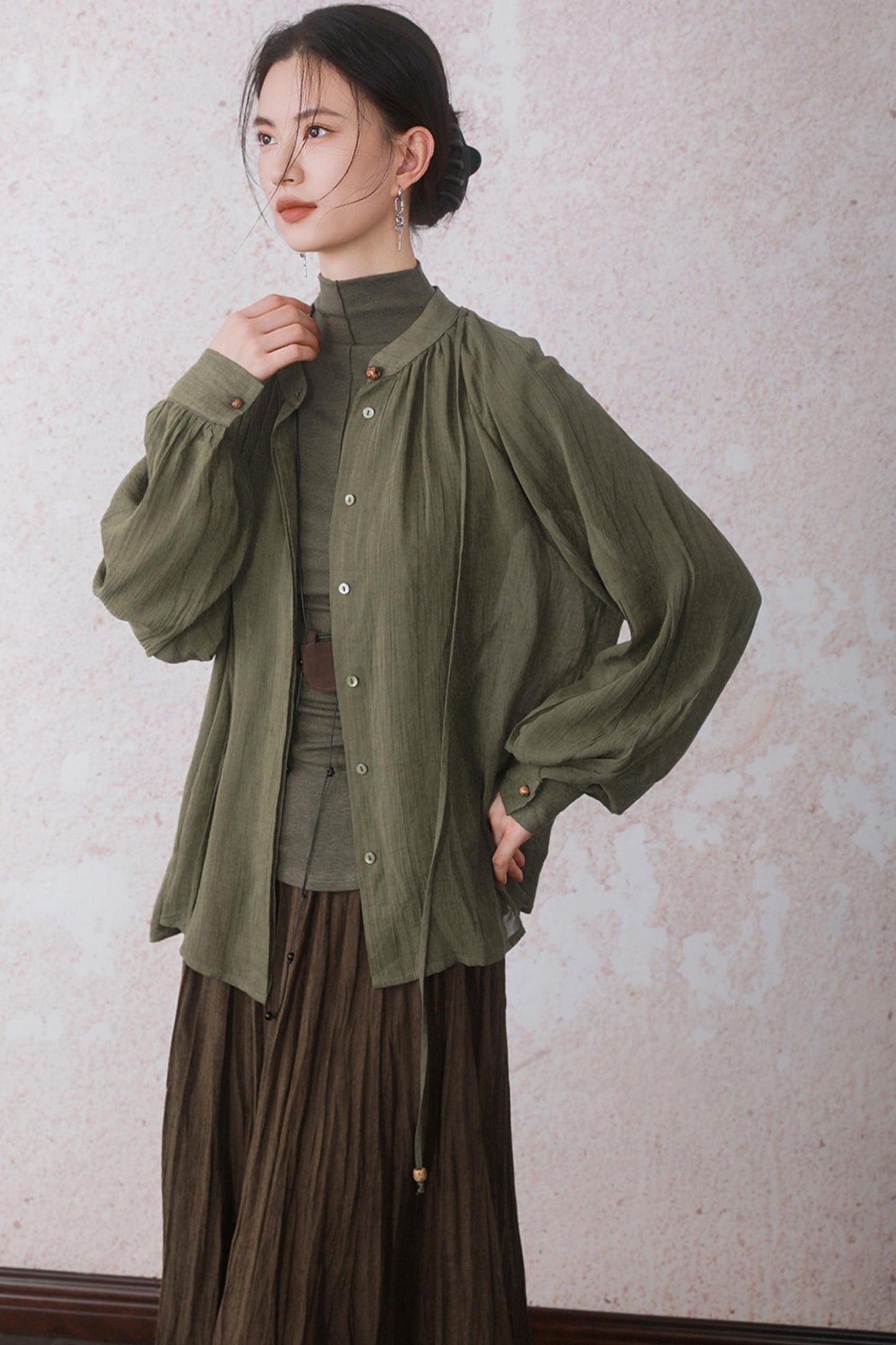 Autumn Green Stand Up Collar Chinese Shirt
