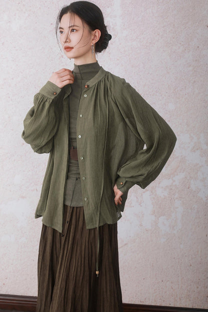 Autumn Green Stand Up Collar Chinese Shirt
