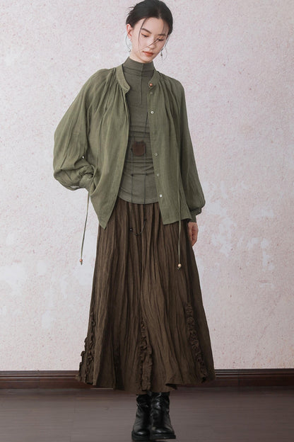 Autumn Green Stand Up Collar Chinese Shirt