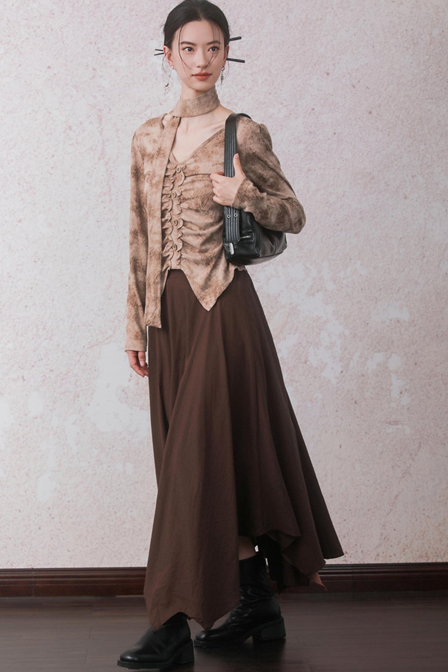 Autumn Double Hem Brown A-Line Skirt