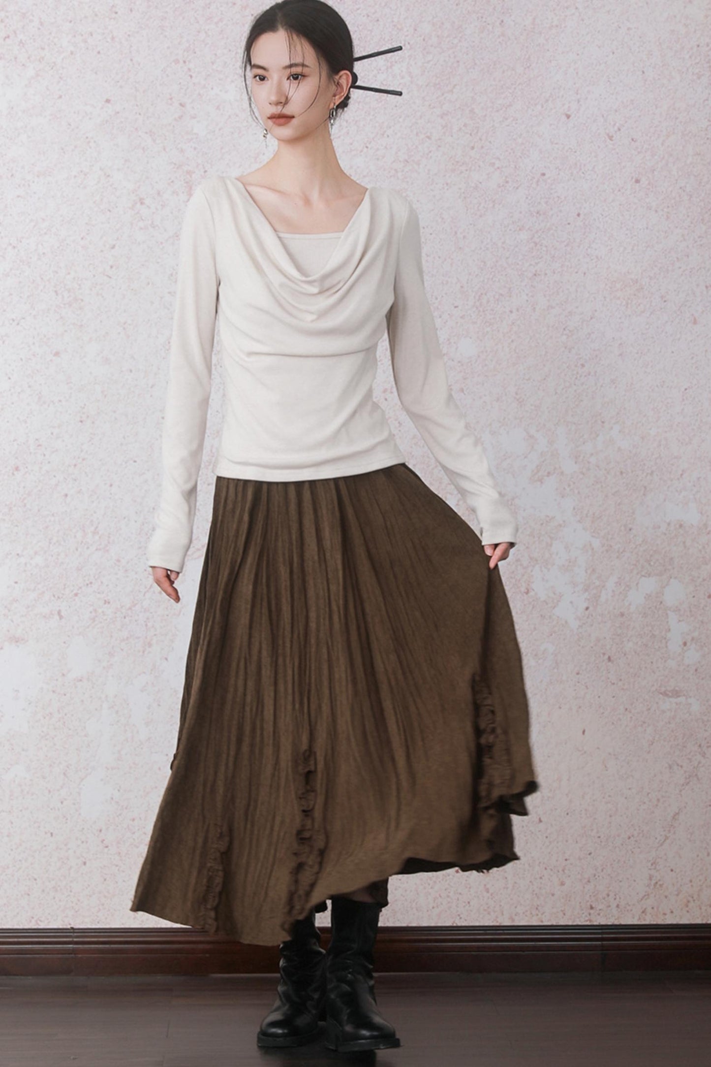 Autumn Brick Brown Fleece A-Line Skirt