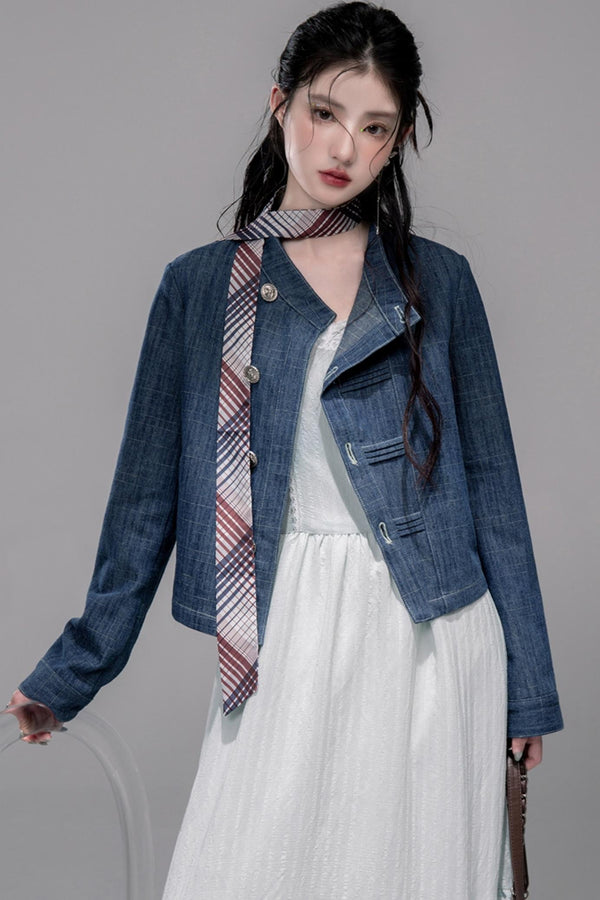 Misty Moon Blue Plaid Denim Jacket