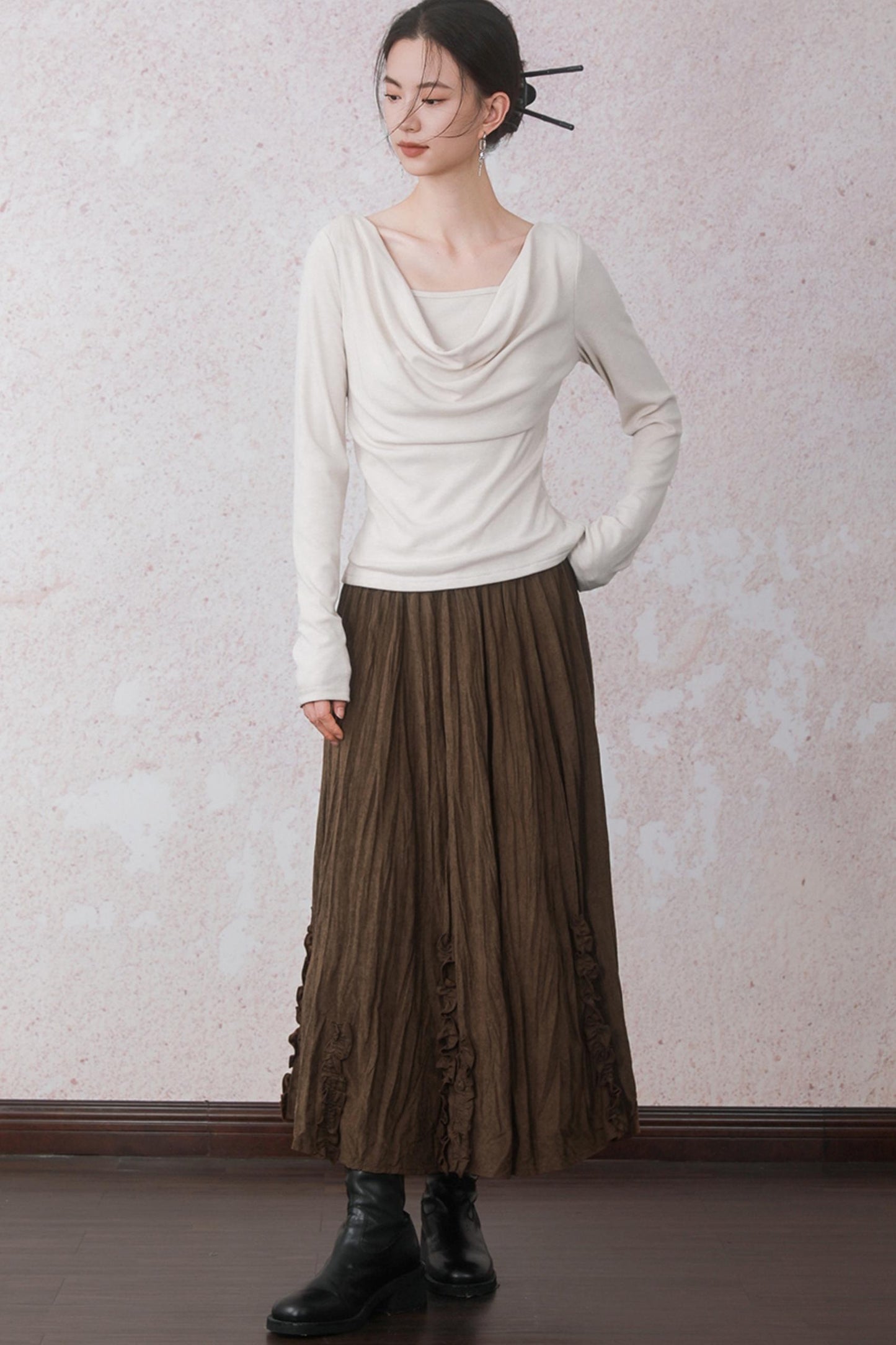 Autumn Brick Brown Fleece A-Line Skirt